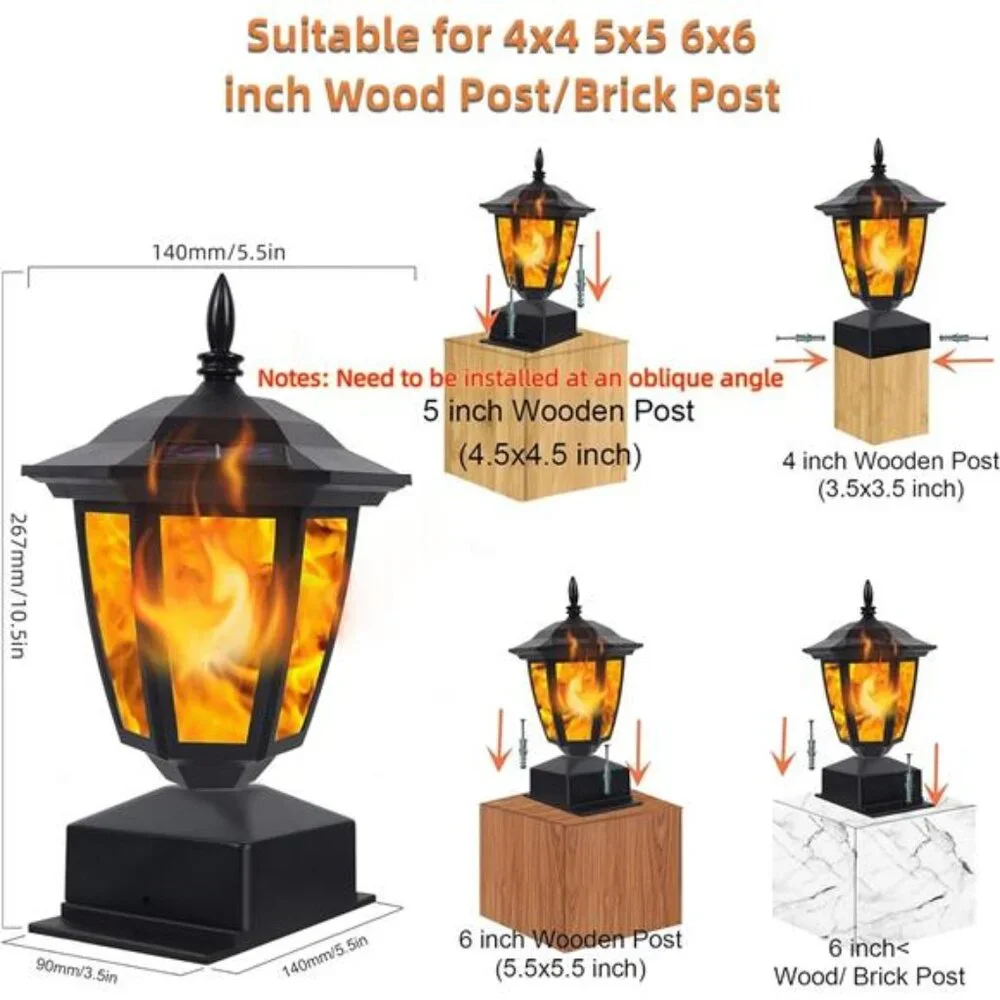 Dynaming Solar Flame‎ Post Lights - Flickering LED Lanterns, Waterproof, 6 Pack